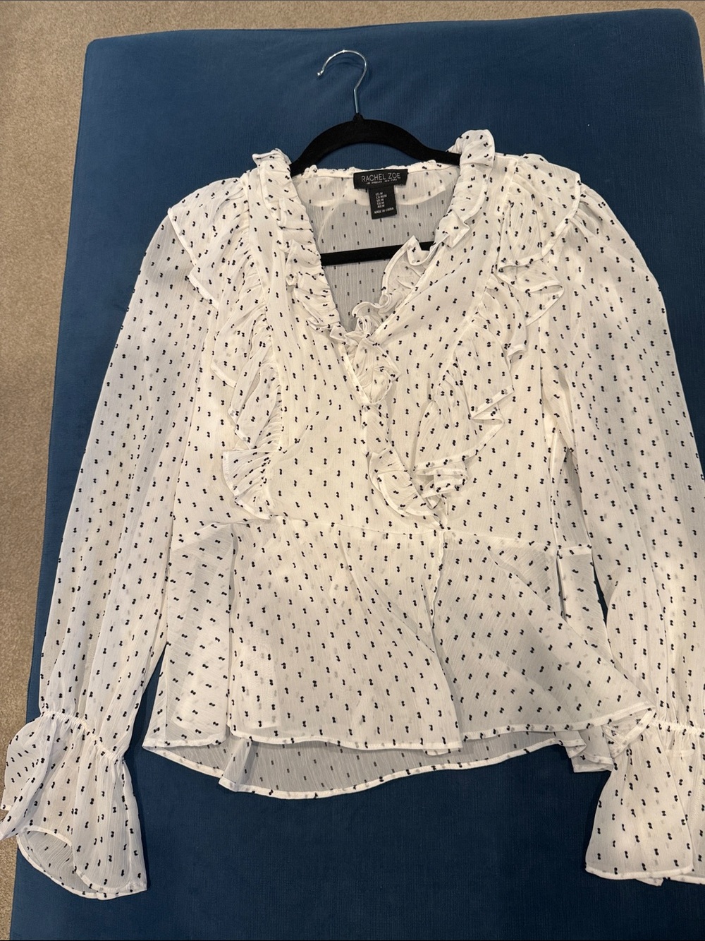 Rachel Zoe White Blouse with black Dot Print and Ruffle V-Neck size M